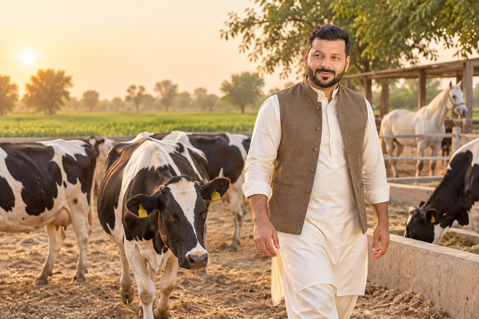 Farm owner Adnan Altaf with black-and-white dairy cows at Hems Farm